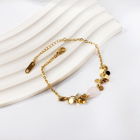 Bracciale a Catena Minimalista Vintage in Acciaio Inossidabile per Donna Placcato Oro Con Pietra Ovale e Ciondoli a Disco