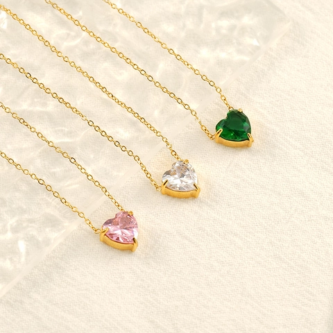 Collana Con Pendente A Cuore In Acciaio Inossidabile Placcato Oro 18K Con Zirconia A Forma Di Cuore Colorata Per Donna Gioielli