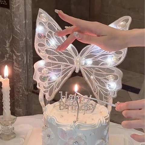 Large Embroidered Butterfly Cake Topper LED Light Up Lace Artificial Pearl Fairy Ornament For Birthday Party Valentine's Day Decor