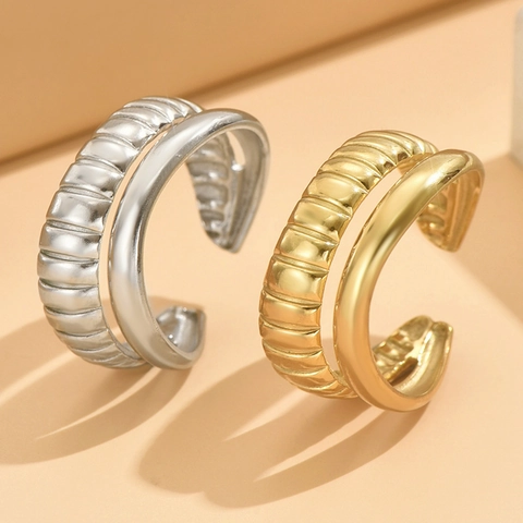 Double Layer Stainless Steel Ring Ribbed Texture Shell Design Adjustable Open Ring Elegant Minimalist Jewelry For Women