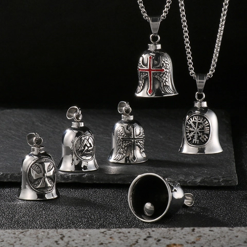 Vintage Edelstahl Wikinger Schutzglocke Anhänger Für Herren Punk Gothic Kreuz Engelsflügel Motorrad Schmuck