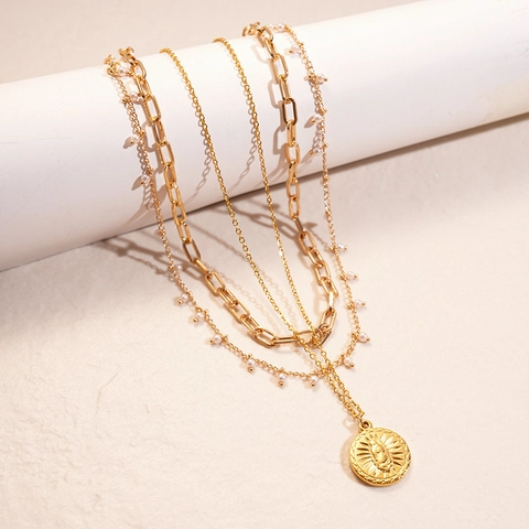 Multi-layer Necklace Stainless Steel Alloy Imitation Artificial Pearl 18K Gold Plated Sun Coin Pendant Retro Fashion For Women