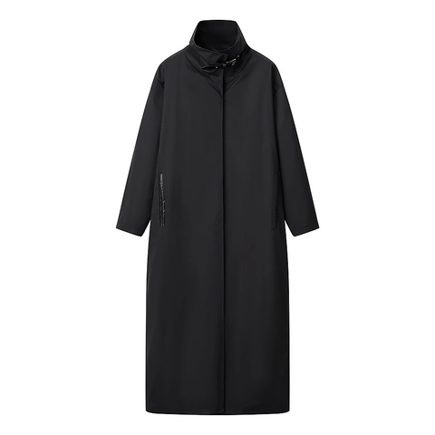 Women Long Black Trench Coat Stand Collar Metal Buckle Minimalist Elegant Polyester Windbreaker Jacket