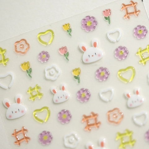 Pegatinas De Uñas Con Relieve 3D Lindo Conejo De Dibujos Animados Flor Corazón Autoadhesivas Color Macaron Decoración De Manicura DIY