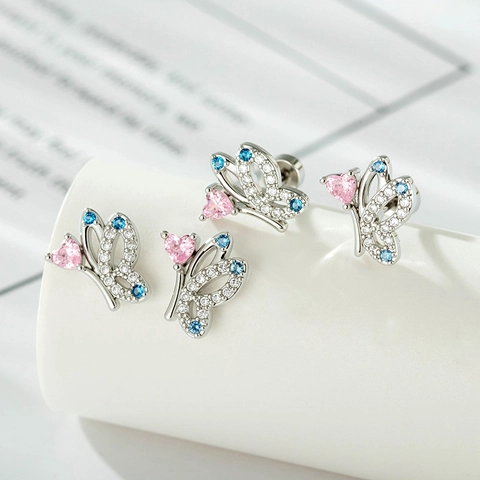 Schmetterling Ohrknorpel Stecker Titanstahl Kupfer Rosa Herz Zirkonia Blau Piercing Schmuck Asymmetrisch Schraubverschluss