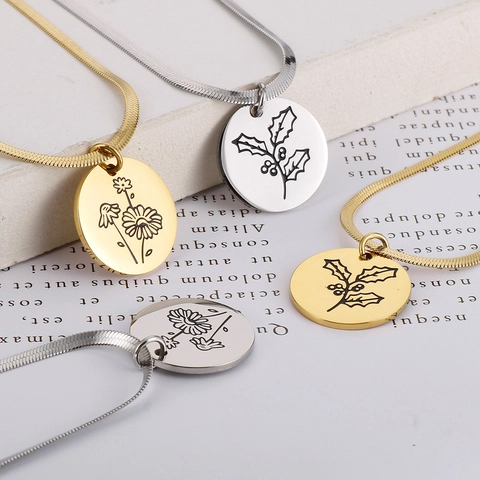 Birth Flower Pendant Necklace Stainless Steel Double Layer Stacking Snake Blade Chain Aesthetic Minimalist Jewelry Women
