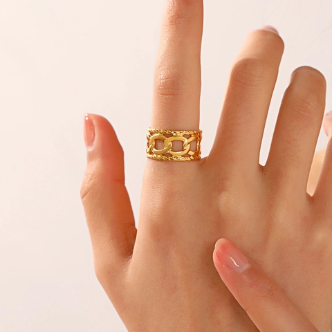 Anillo De Acero Inoxidable Para Mujer Ajustable Cadena Hueca Geométrico Vintage Chapado En Oro Joyería Minimalista