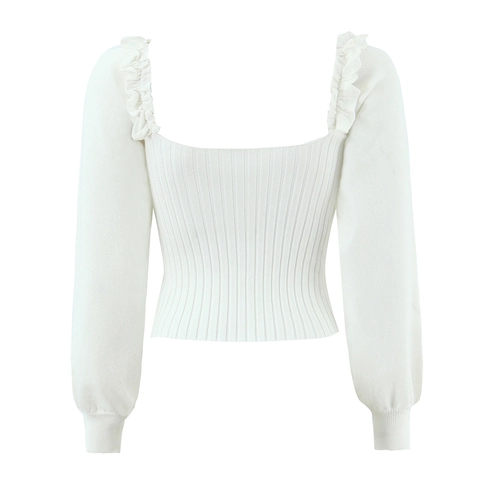 Damen Rippstrickpullover Langarm Rüschenbesatz Schleife Wollmischung Slim Fit Süß Elegant Weiß