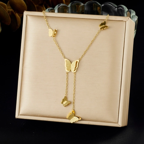Collier Pendentif Papillon Acier Inoxydable Plaque Or Forme Y Gland Papillons Givrés Bijoux De Mode Élégants Pour Femmes