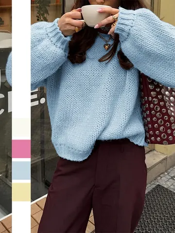 Women Chunky Knit Pullover Sweater Round Neck Loose Casual Long Sleeve Solid Color Autumn Winter Top