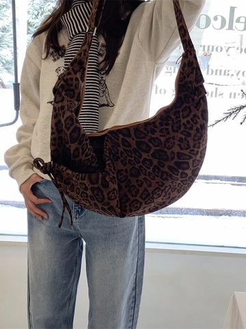 Große Hobo-Tasche Mit Leopardenmuster Aus Wildlederimitat Halbmond-Design Gefaltete Schultertasche Casual Vintage Crossbody Bag
