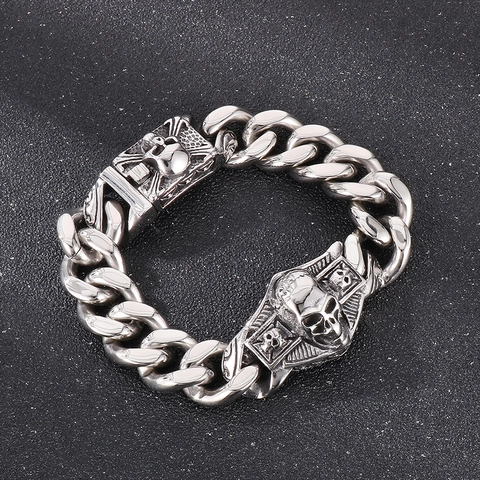 Bracelet Gourmette Crâne Pour Hommes Punk Gothique Acier Inoxydable 316L Bijoux Biker