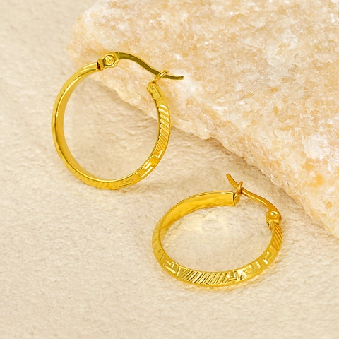 Hoop Earrings 18K Gold Plated Stainless Steel Greek Key Pattern Engraved Retro Geometric Minimalist For Women Men