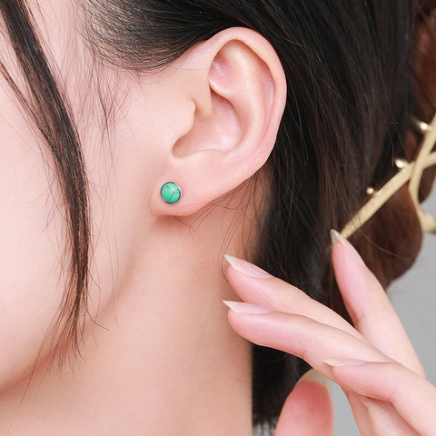 Round Turquoise Stud Earrings With 925 Sterling Silver Earring Post Bezel Set Vintage Geometric Fashion Jewelry For Women