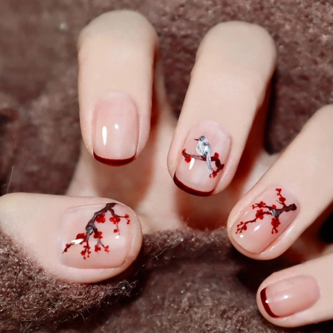 Chinese Style Plum Blossom Magpie Press On Nails Square Round Short False Nails Elegant Art New Year For Women