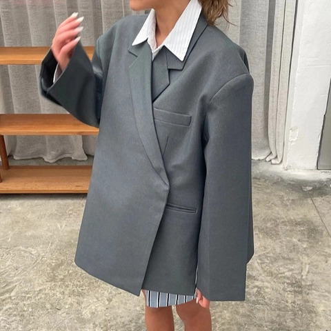 Chaqueta Americana Oversize Para Mujer Cuello De Solapa Manga Larga Poliéster Color Sólido Corte Holgado Ropa De Oficina Estilo Minimalista