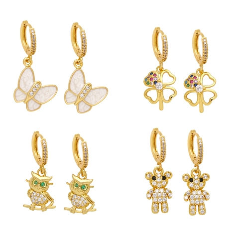 Boucles d'Oreilles Créoles Pendantes Mode Cuivre Plaqué Or 18K Zircone Émail Papillon Ours Hibou Trèfle Bijoux Pour Femmes Filles