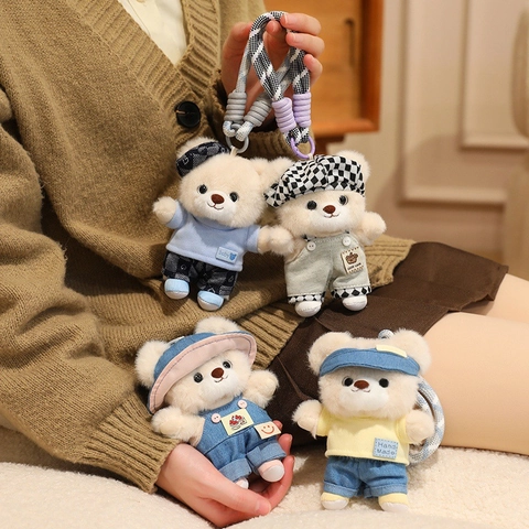 Cute Plush Teddy Bear Pendant Keychain Bag Charm Stuffed Animal Toy With Denim Plaid Clothes Hat Handmade Style