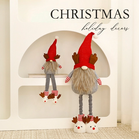 Christmas Gnome Ornaments Plush Knitted Reindeer Antler Tomte Telescopic Legs Holiday Home Decoration Adjustable Height Doll
