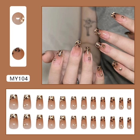 Unghie Finte A Pressione Maculato Forma A Bara French Tip Sfumato Design Con Strass Plastica ABS Per Donne