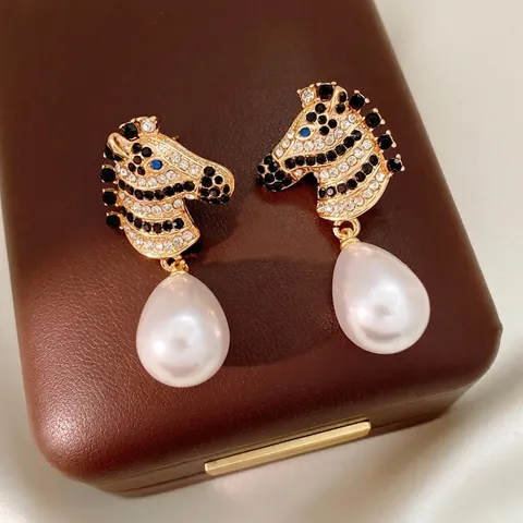 Pendientes Colgantes De Cebra Con Cristales Y Perla Artificial Gota Con Silver Earring Post Joyería Retro Para Mujer