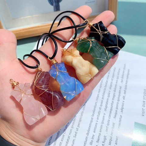 Natural Crystal Pendant Necklace Female Torso Shape Handmade Gold Wire Wrapped Gemstone Jewelry With Cord For Women