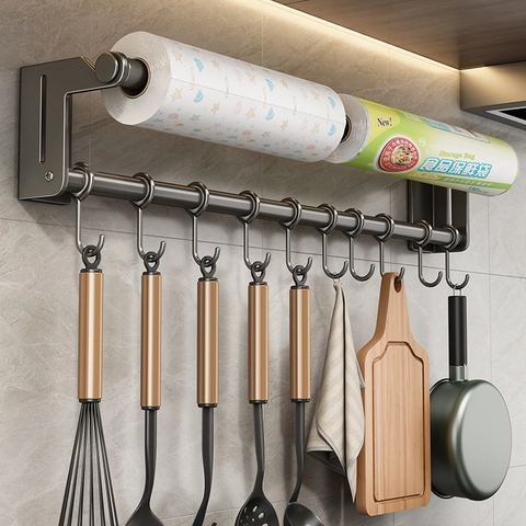 Wall Mounted Kitchen Storage Rack Stainless Steel No Drill Paper Towel Holder Film Organizer Movable Hooks Gunmetal Gray