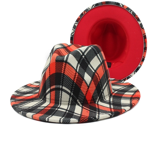 Fedora Hut Breite Krempe Wollfilz Vintage Britischen Stil Plaid Farbblock Jazz Kappe Für Herren Damen