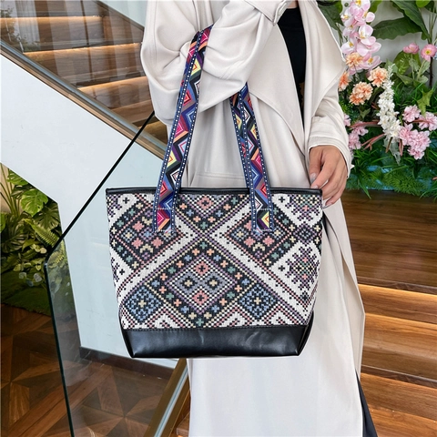 Women Ethnic Tote Bag Canvas Weaving Geometric Bohemian Large Capacity Shoulder Bag With PU Leather Bottom Casual Commute Handbag