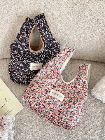 Handtasche Mit Blumenmuster Und Sherpa-Futter Kleine Tragbare Tragetasche Für Damen Vintage Japanischer Stil