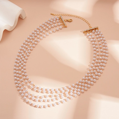 Collar De Perlas Artificiales De Imitación De Varias Capas Aleación Diamantes De Imitación Elegante Minimalista Tono Dorado Gargantilla Para Mujeres Ajustable