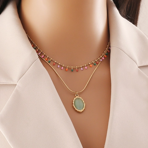 Women Stainless Steel Double Layer Necklace Colorful Enamel Beads Rectangle Heart Butterfly Oval Rhinestone Fashion Jewelry