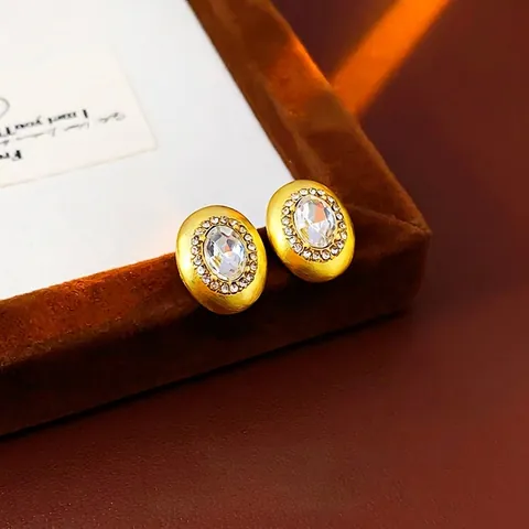 Boucles D'oreilles Puces Ovales Rétro En Alliage Avec Strass Et Tige En Argent Or Mat Élégant Pour Femmes