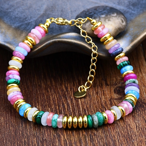 Natural Stone Beaded Bracelet Colorful Semi Precious Gemstone Stainless Steel Clasp Adjustable Bohemian Summer Jewelry Women