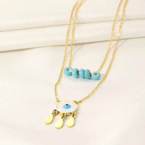 Double Layer Stainless Steel Evil Eye Pendant Necklace Gold Plated Turquoise Style Beads Shell Layered Choker Jewelry Women