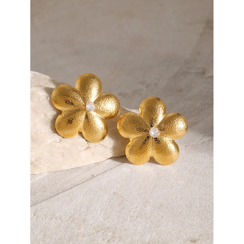 18K Gold Plated Stainless Steel Flower Stud Earrings Brushed Hammered Texture Cubic Zirconia Minimalist Ins Style For Women