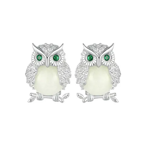 Owl Stud Earrings 925 Sterling Silver Earring Post Glow In The Dark Luminous Stone Green Zirconia Jewelry For Women
