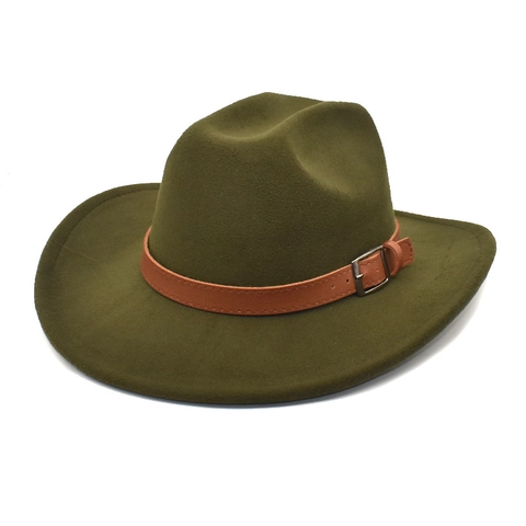 Cappello Fedora Da Cowboy Western Unisex Feltro Di Lana Tesa Larga Con Fibbia Per Cintura In Ecopelle Stile Etnico Retrò