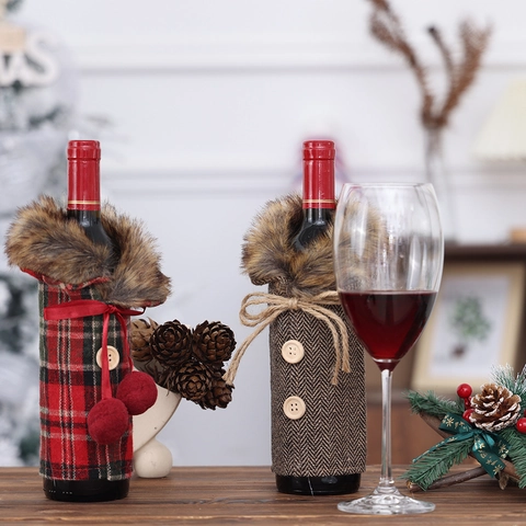 Copribottiglia di Vino di Natale in Tessuto Vestiti per Champagne Collo in Pelliccia Sintetica Quadri Arredo Festa
