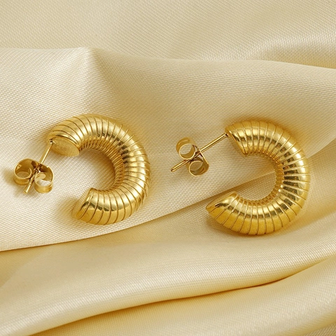 Créoles En Acier Inoxydable Vintage Plaqué Or 18K Nervurées Spirales Forme C Bijoux Texturés Pour Femmes