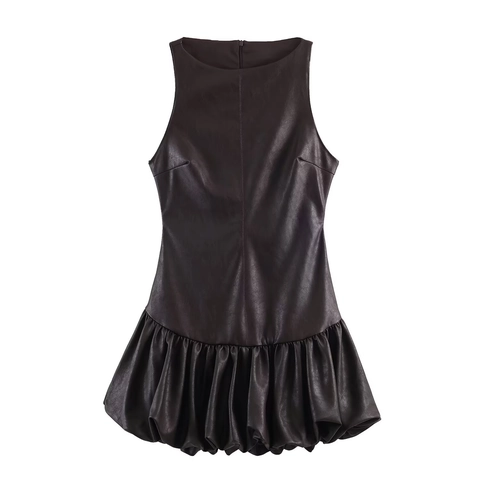 Ärmelloses Mini Kleid Aus Kunstleder Für Damen Schokoladenbraun Hohe Taille Falten Saum Sexy Clubwear Mode