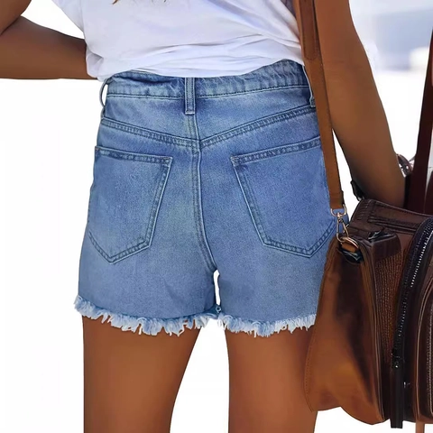 Damen Denim Shorts High Waist Ripped Distressed American Flag Stars And Stripes Tasche Roher Saum Baumwolle Casual