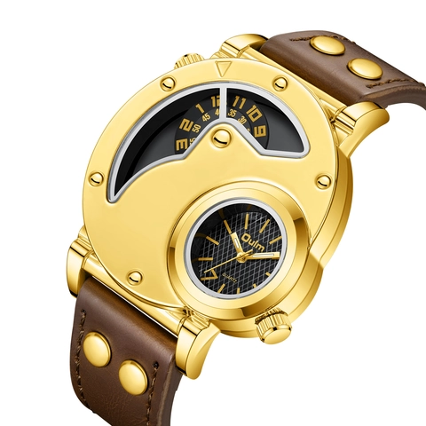 Montre à Quartz pour Hommes Double Fuseau Horaire Or Grand Cadran Montre de Sport Tendance Avec Bracelet en Similicuir à Rivets
