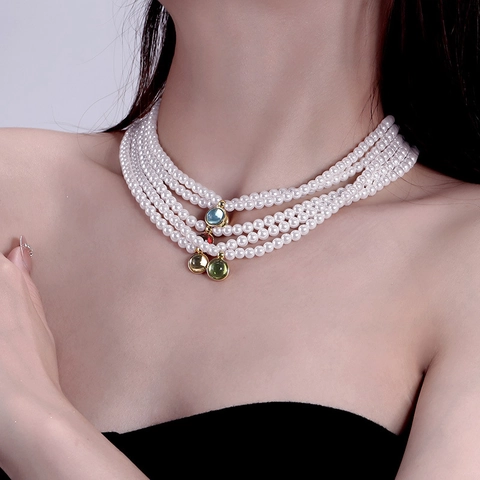 Collana Di Künstliche Perle Pietra Portafortuna Ciondolo Gemma Rotonda Gioielli Retro Eleganti Per Donne