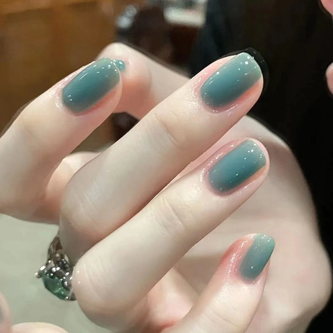 Press On Nails Haze Green Glossy European Square Shape Medium Length Summer Fresh Natural Style Fake Nails For Women
