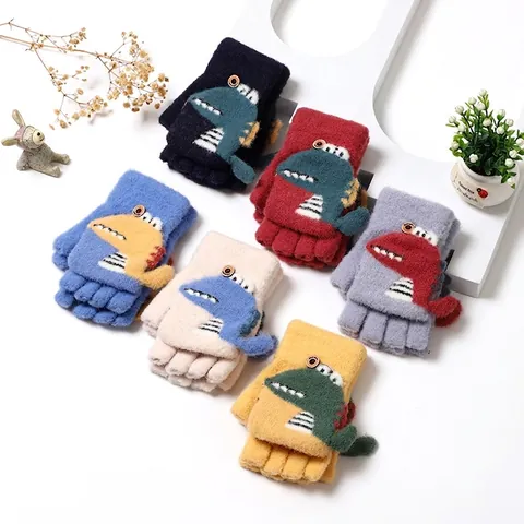 Kids Winter Warm Knit Gloves Cartoon Dinosaur Pattern Convertible Flip Top Half Finger Mittens For Boys Girls Casual Wear