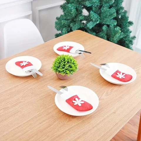 Mini Calcetines De Navidad Porta Cubiertos Tela No Tejida Patrones Copos De Nieve Adorno Colgante Decoración De Fiesta Rojo