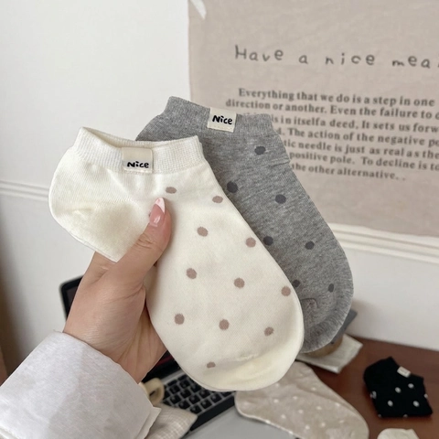 Chaussettes Courtes Femme Coton Peigné Motif À Pois Respirantes Absorbantes Décontractées Bas Doux Avec Étiquette Tissu