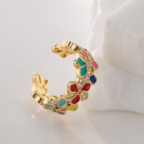 Anello Aperto In Smalto A Fiori Rame Placcato Oro Irregolare Geometrico Regolabile Gioielli Da Dito Per Donna Con Zircone