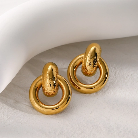 Pendientes De Aro Geométricos Bañados En Oro De 18K Acero Inoxidable Textura Martillada Anillos Minimalistas Mujer